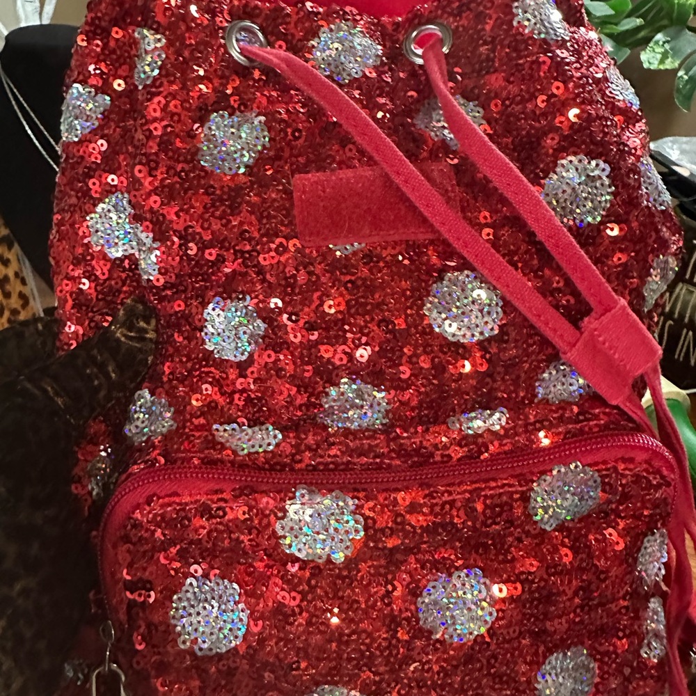 Disney Red/Silver Sequin Backpack Comes with Minnie Pursepillow 💕 GUC - Picture 6 of 11